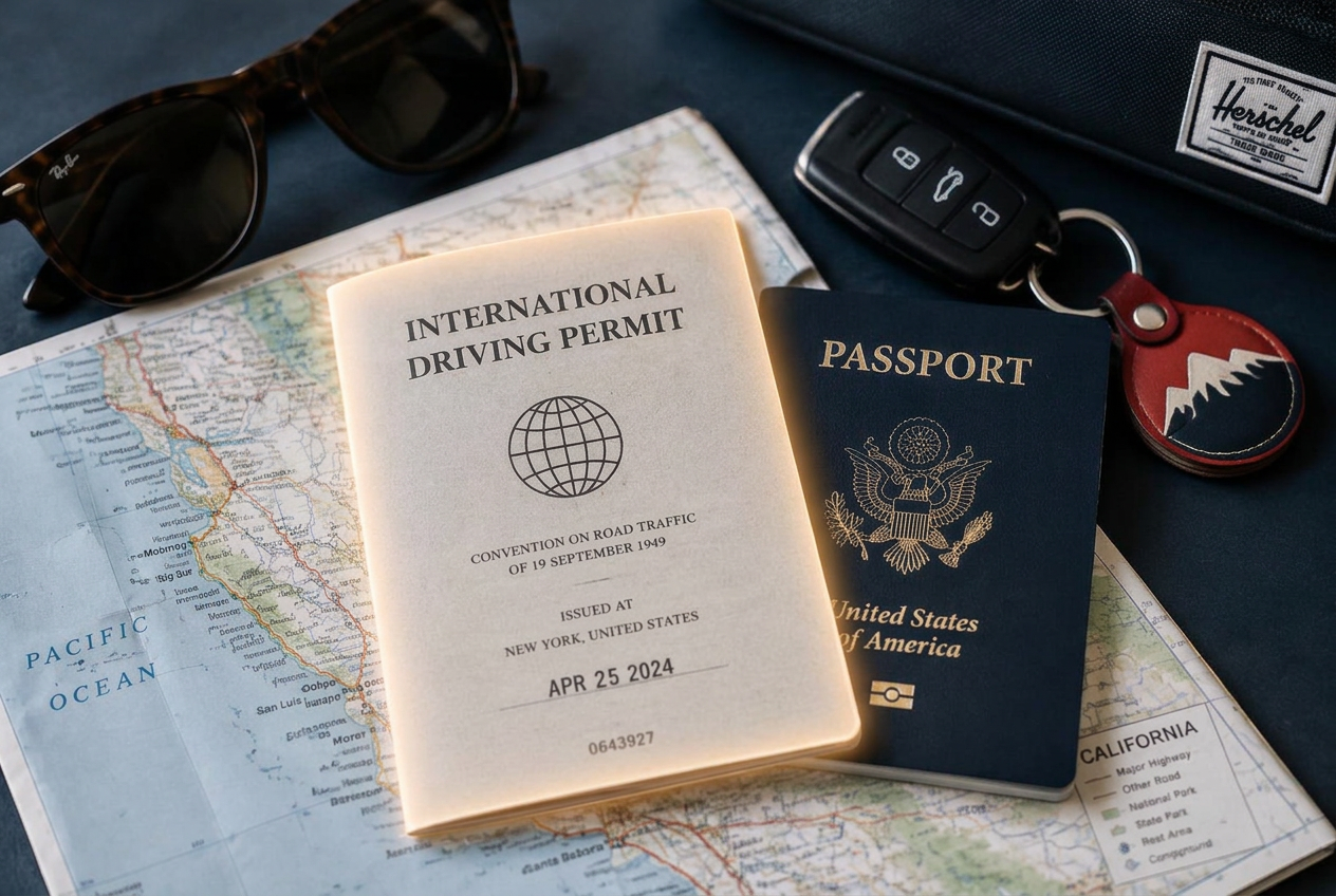 A glowing International Driving Permit beside a U.S. passport on a road map, with sunglasses and car keys